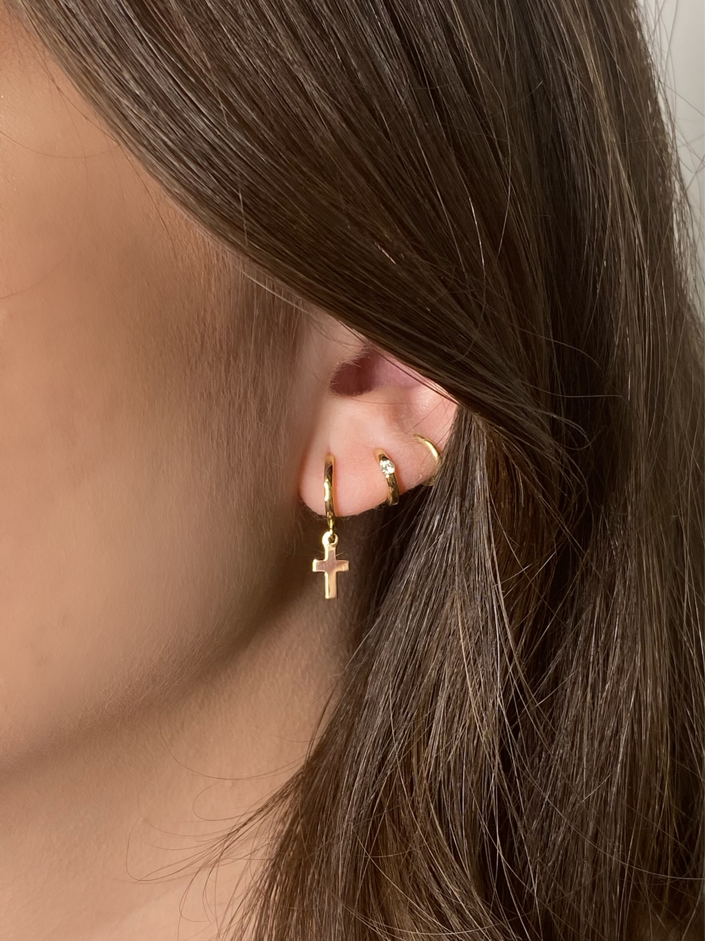 14K Hoop Earrings with Dangling Cross | Single or Pair